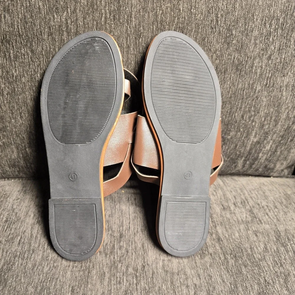 Brown Crisscross Toe‎ Loop Flat Slide Sandals Women Sz 10.5 Cognac Strappy Shoes